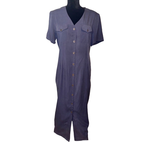 Vintage Halston Size 14 Tencel Pleated Shirtdress Dusty Blue Midi Length - Picture 1 of 9